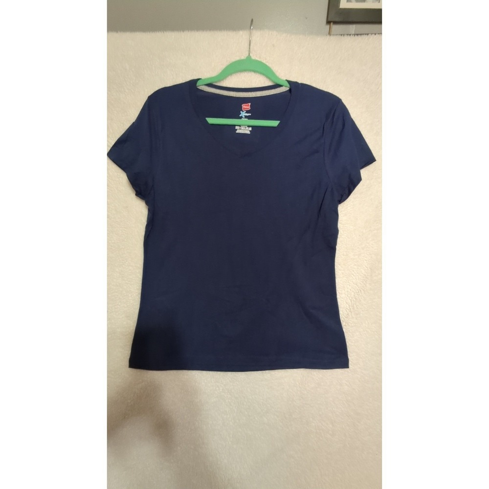 Hanes T-Shirt Womens Medium Navy Blue Good X-Temp V-Neck Short Sleeve Tee